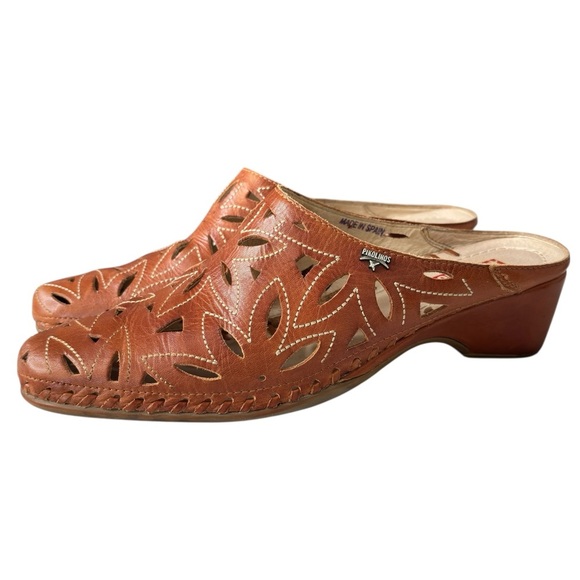 PIKOLINOS Mules Size 8.5 EU 39 Brown Leather Laser Cut Clog Shoe Low Heels SPAIN - Picture 2 of 9